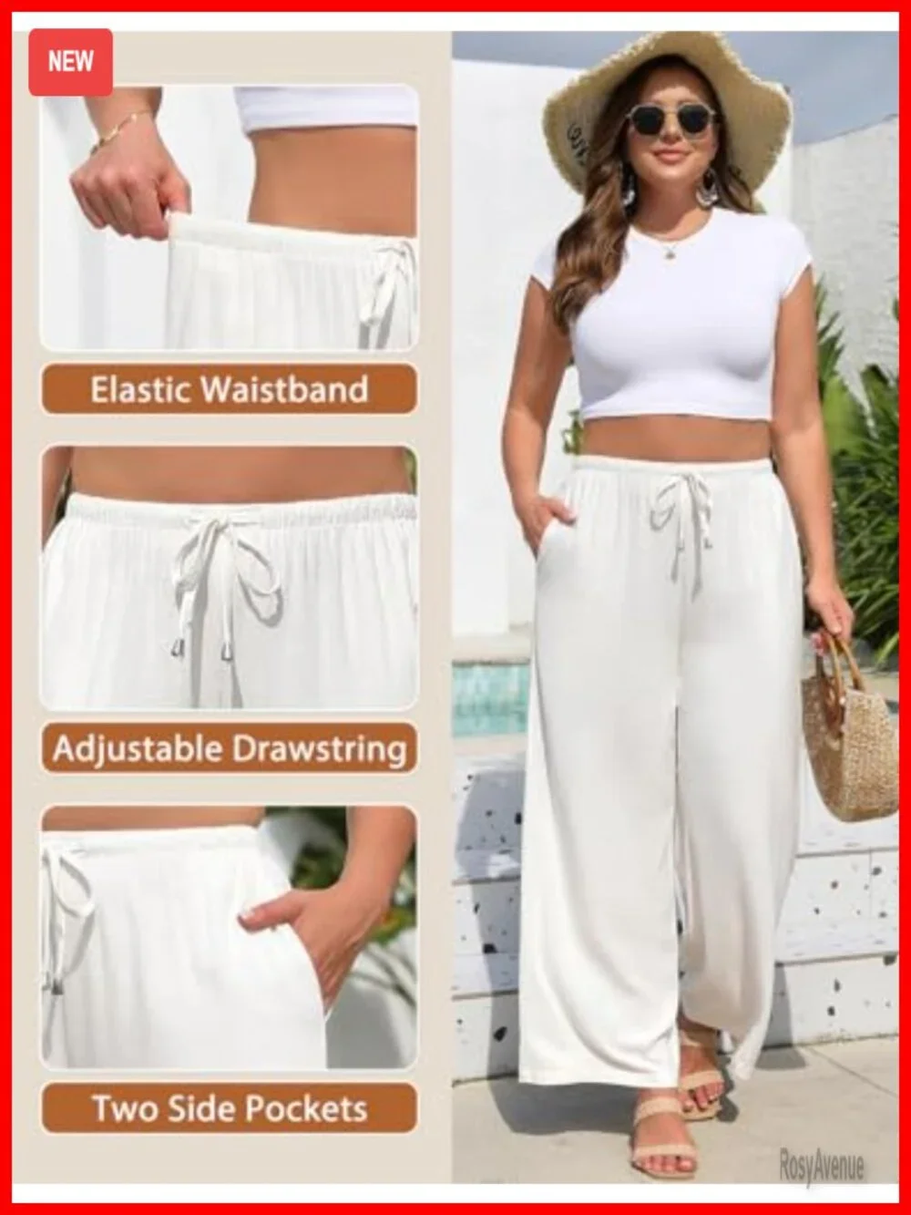 Plus Size Wide Leg Linen Palazzo Pants with Pockets Drawstring Elastic Waist